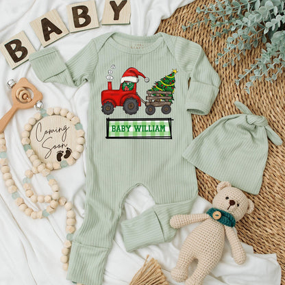 Personalized Baby William Christmas Tractor Bodysuit and Hat Set Newborn Holiday Outfit Red Santa Tractor Gift for Boys Girls
