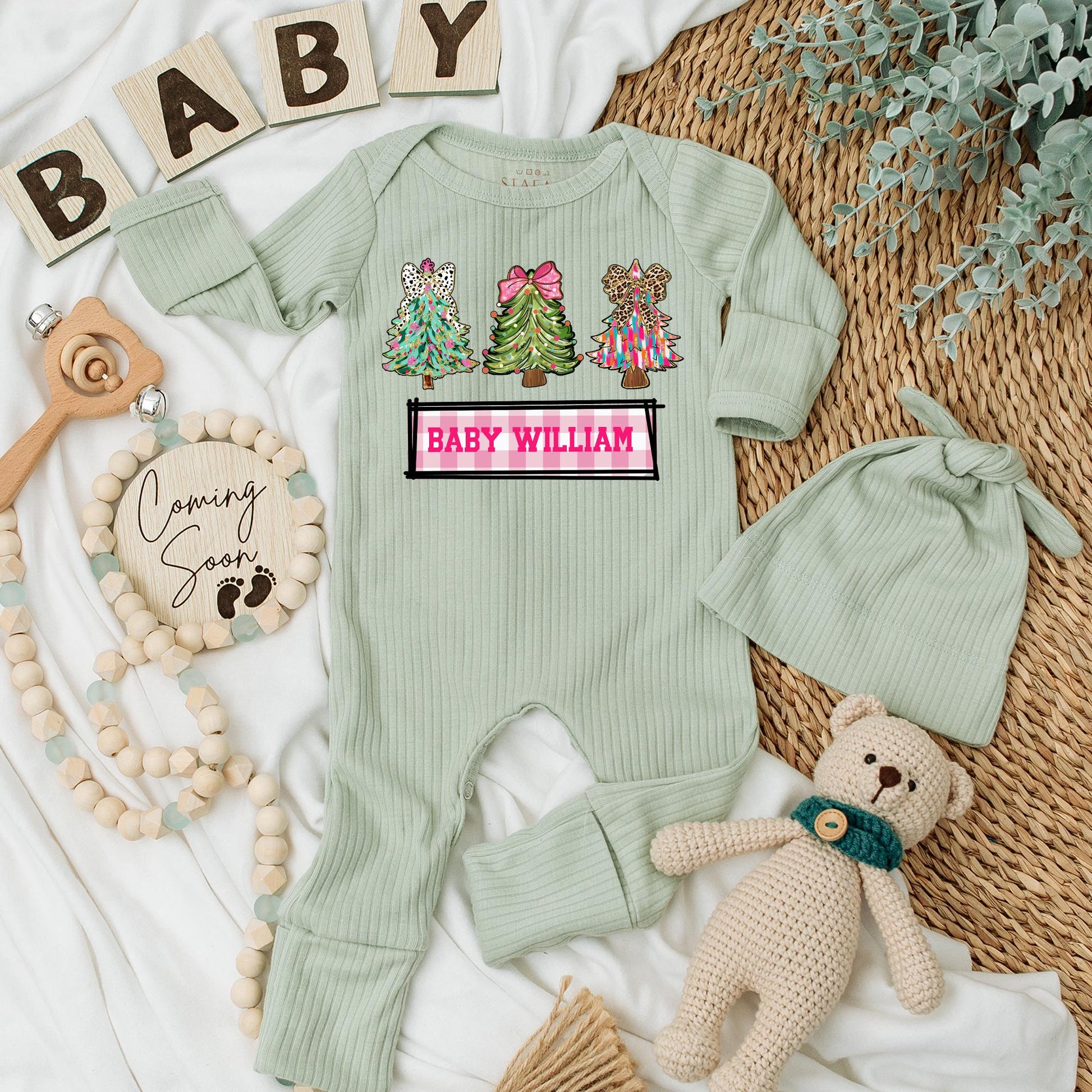 Personalized Baby Christmas Jumpsuit Outfit Pink Dalmation Leopard Tree Design Gingham Newborn Clothes Holiday Gift Infant Boy Girl Set