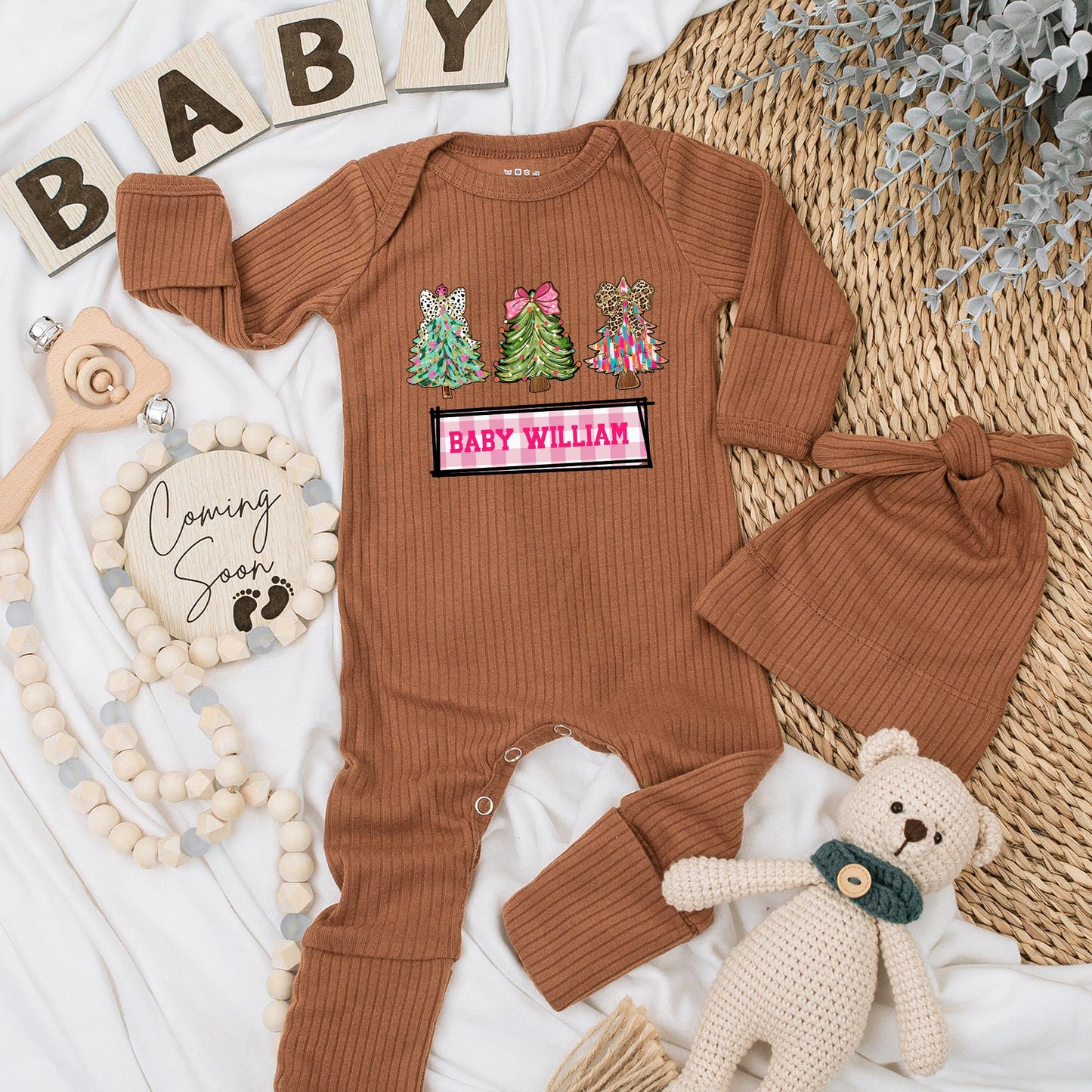Personalized Baby Christmas Jumpsuit Outfit Pink Dalmation Leopard Tree Design Gingham Newborn Clothes Holiday Gift Infant Boy Girl Set