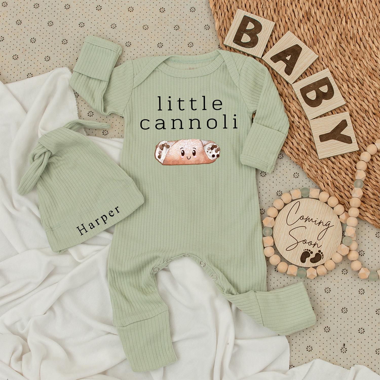 Little Cannoli Baby Bodysuit & Harper Hat Set Cute Italian Food Newborn Outfit Smiling Pastry Design Unique Infant Clothes Gift Long Sleeve Shower Present (139 chars)
