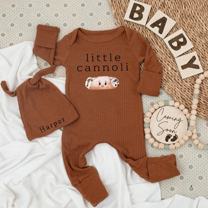 Little Cannoli Baby Bodysuit & Harper Hat Set Cute Italian Food Newborn Outfit Smiling Pastry Design Unique Infant Clothes Gift Long Sleeve Shower Present (139 chars)