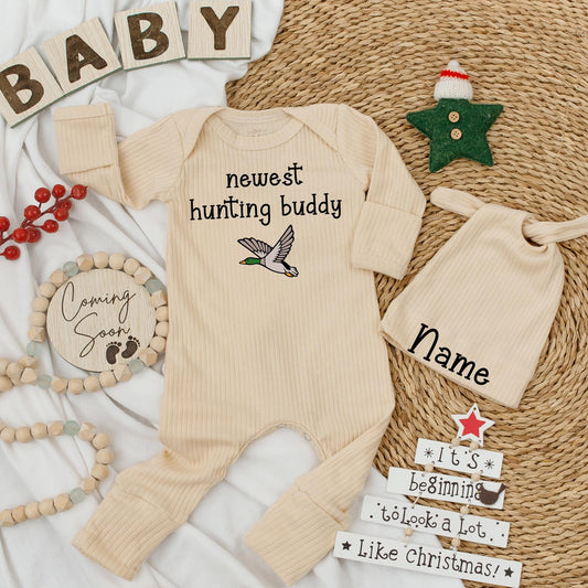 Newest Hunting Buddy Duck Baby Bodysuit & Hat Set, Little Hunter Newborn Outfit, Mallard Duck Clothes, Baby Shower Gift, Cute Duck Baby Outfit, Teal Hunting