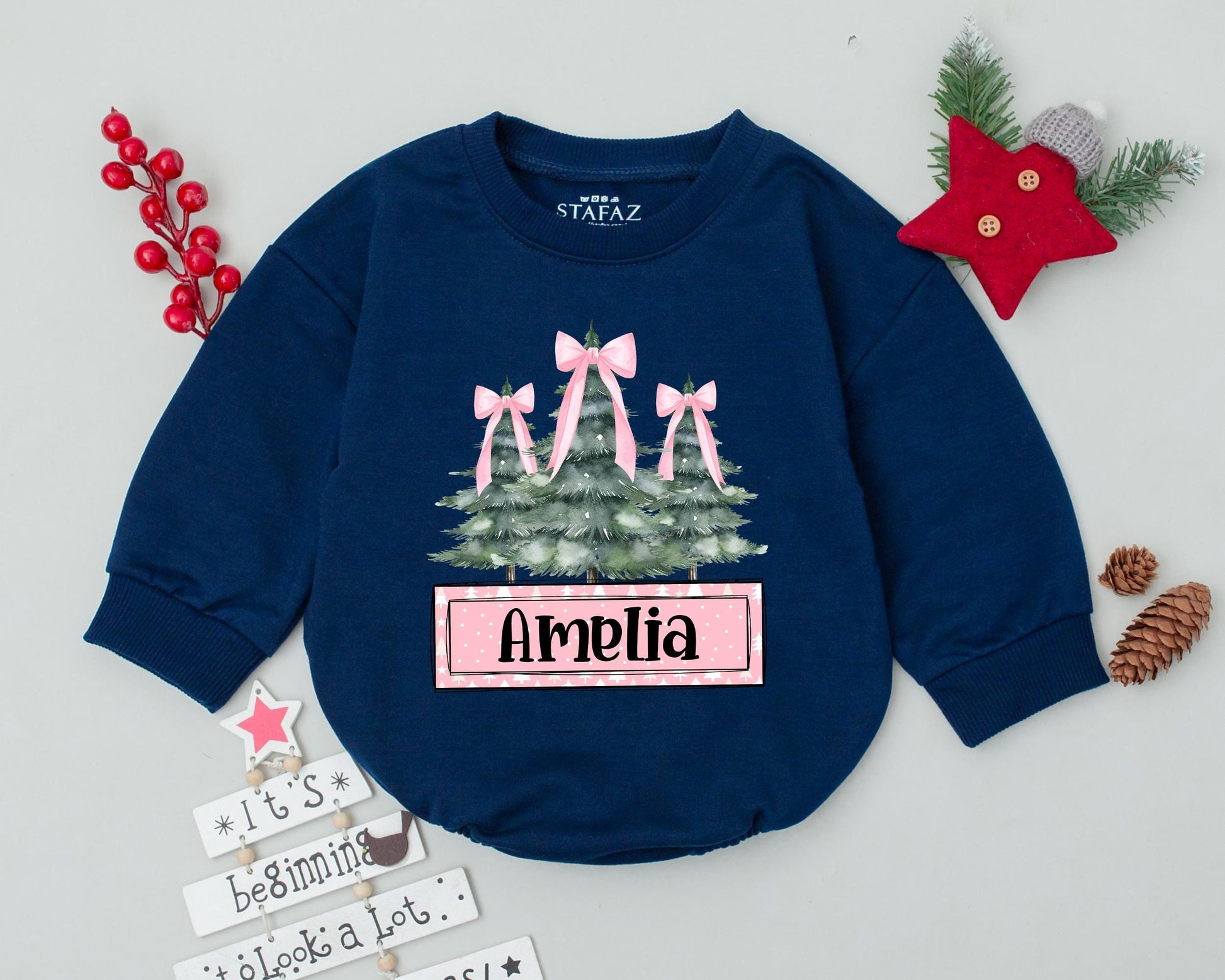 Personalized Christmas Baby Outfit: Vintage Romper & Bow Gift Set