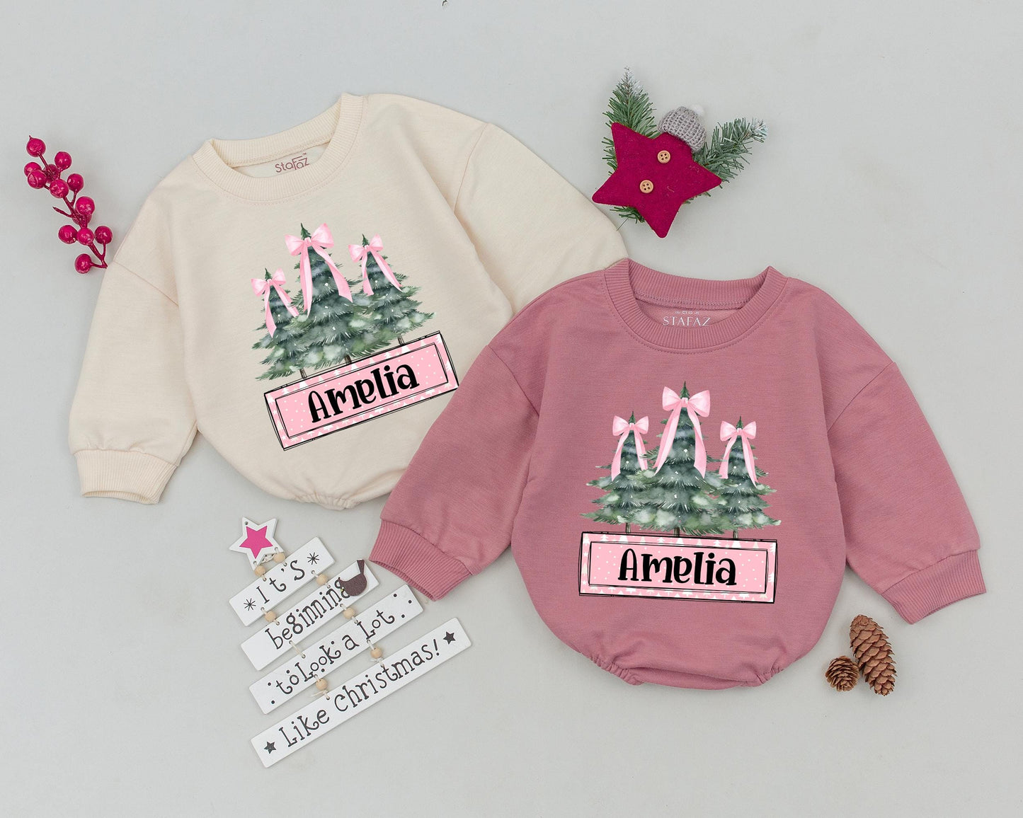 Personalized Christmas Baby Outfit: Vintage Romper & Bow Gift Set