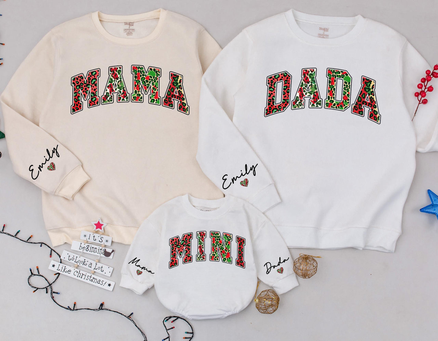 Matching Leopard Sweatshirts: Family Christmas & Baby Romper Set