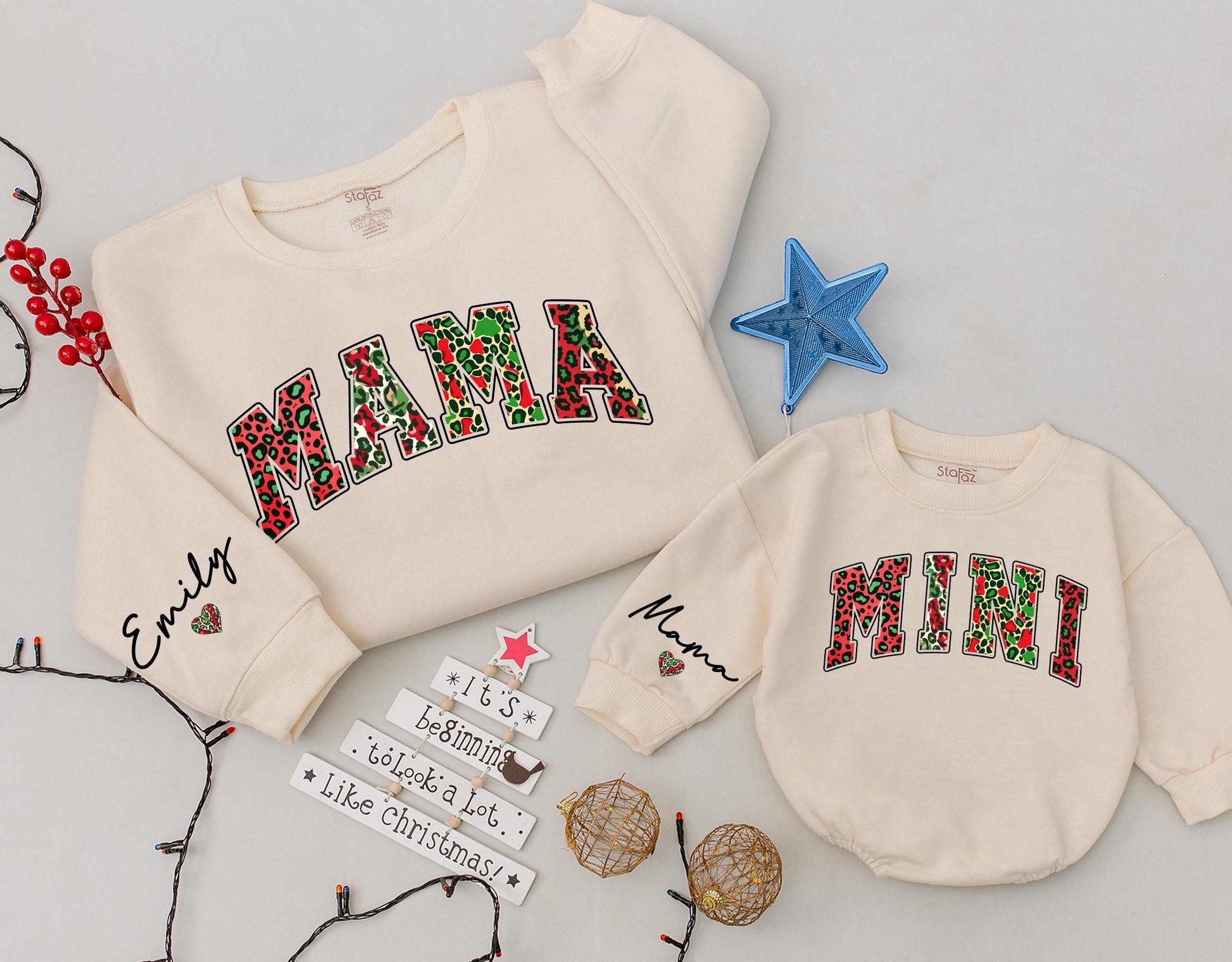 Matching Leopard Sweatshirts: Family Christmas & Baby Romper Set