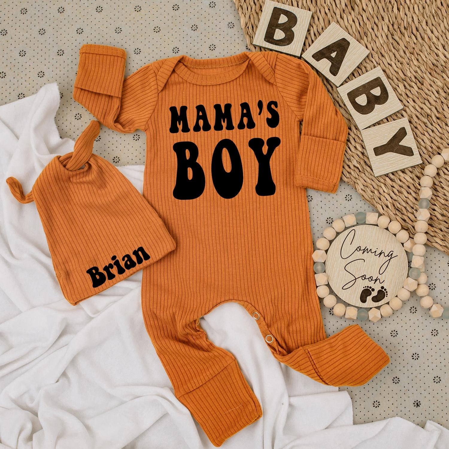 Mama's Boy Bodysuit & Brian Hat Set, Retro Baby Outfit, Cute Newborn Clothes, Going Home Gift, Modern Vintage Style, Trendy Baby Shower Present (139)