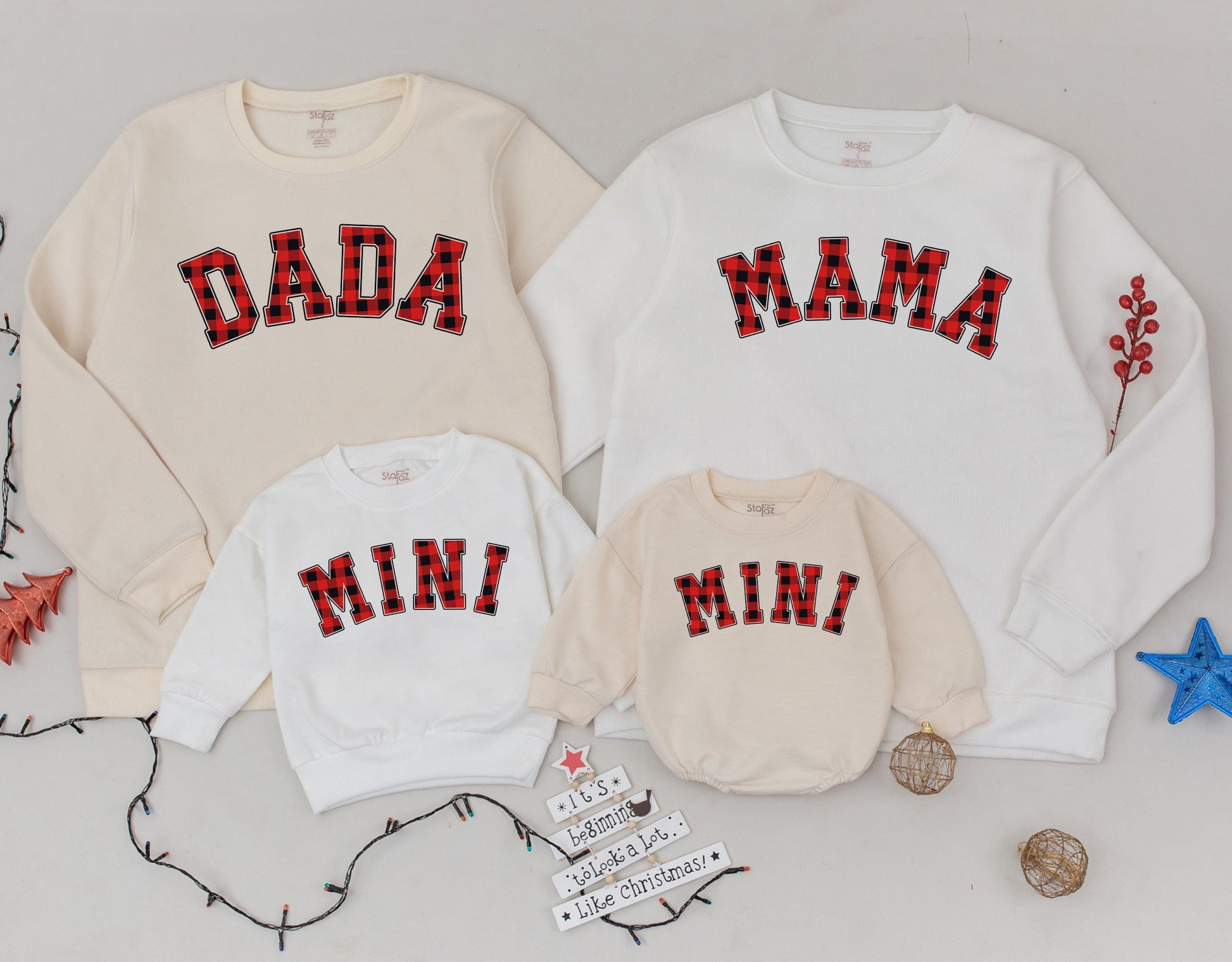 Personalized Red Plaid Mama and Mini Matching Christmas Sweatshirts for Family Outfits Daughter Kid Baby Girl Romper Gift