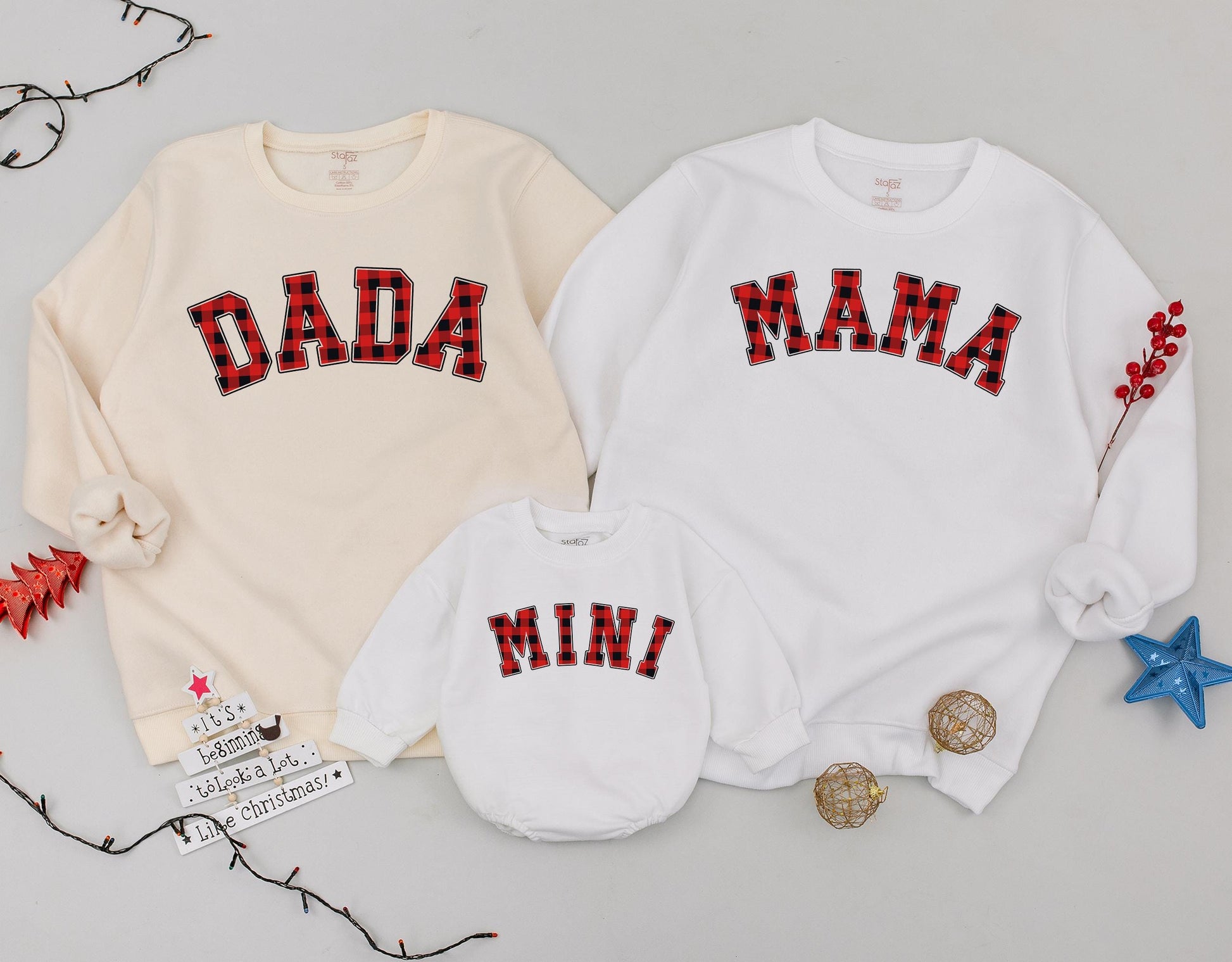 Personalized Red Plaid Mama and Mini Matching Christmas Sweatshirts for Family Outfits Daughter Kid Baby Girl Romper Gift