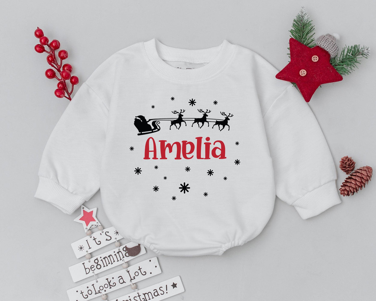 Custom Xmas Reindeer Baby Romper - Personalized Holiday Bodysuit