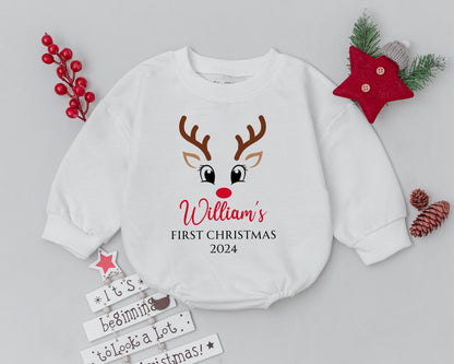 Personalized Christmas Romper with Reindeer – Baby’s First Xmas Outfit