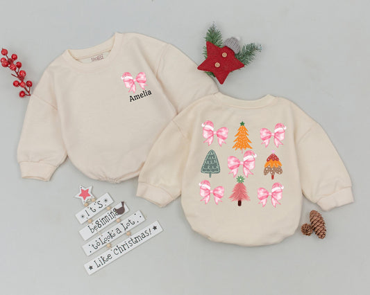 Amelia's First Christmas Romper: Pink Bows & Santa Hats! Custom Name Xmas Outfit, Festive Girly Bubble Romper, Baby Shower Gift, Infant Clothes