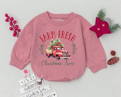 Vintage Xmas Truck Bubble Romper, First Christmas Outfit for Baby