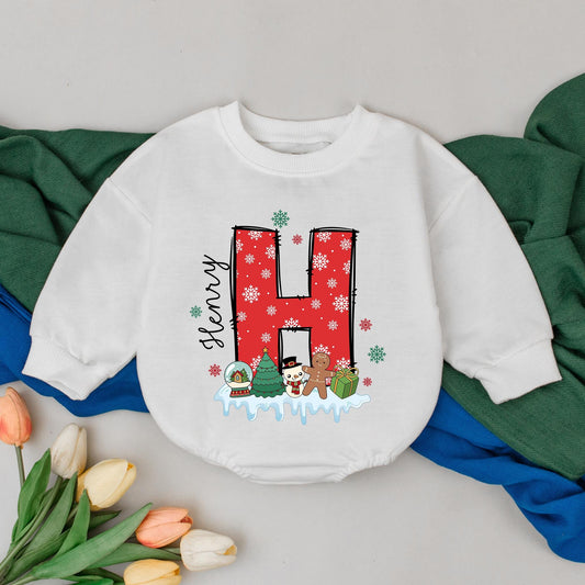 Personalized Christmas Baby Romper Custom Name Initial Snowflake Design Festive First Christmas Bubble Romper for Newborn Girls Boys Baby Shower Gift