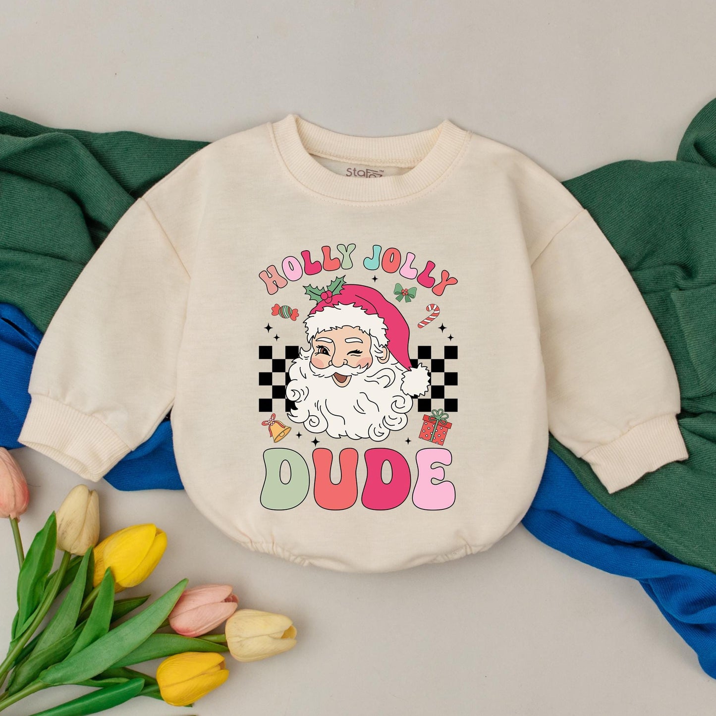 Holly Jolly Dude Christmas Romper Winking Santa Baby Christmas Outfit Fun First Holiday Design Bright Checkered Newborn Gift Boys Girls