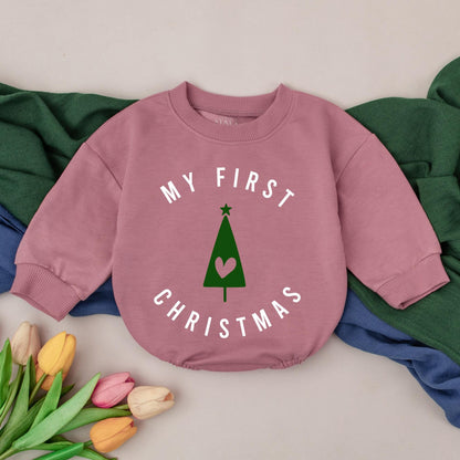 My First Christmas Baby Romper featuring Clean Minimalist Green Tree Design with Heart Star for Newborn Girls Boys 1st Celebration Bubble Outfit New Baby Shower Gift