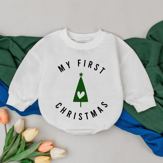 My First Christmas Baby Romper featuring Clean Minimalist Green Tree Design with Heart Star for Newborn Girls Boys 1st Celebration Bubble Outfit New Baby Shower Gift