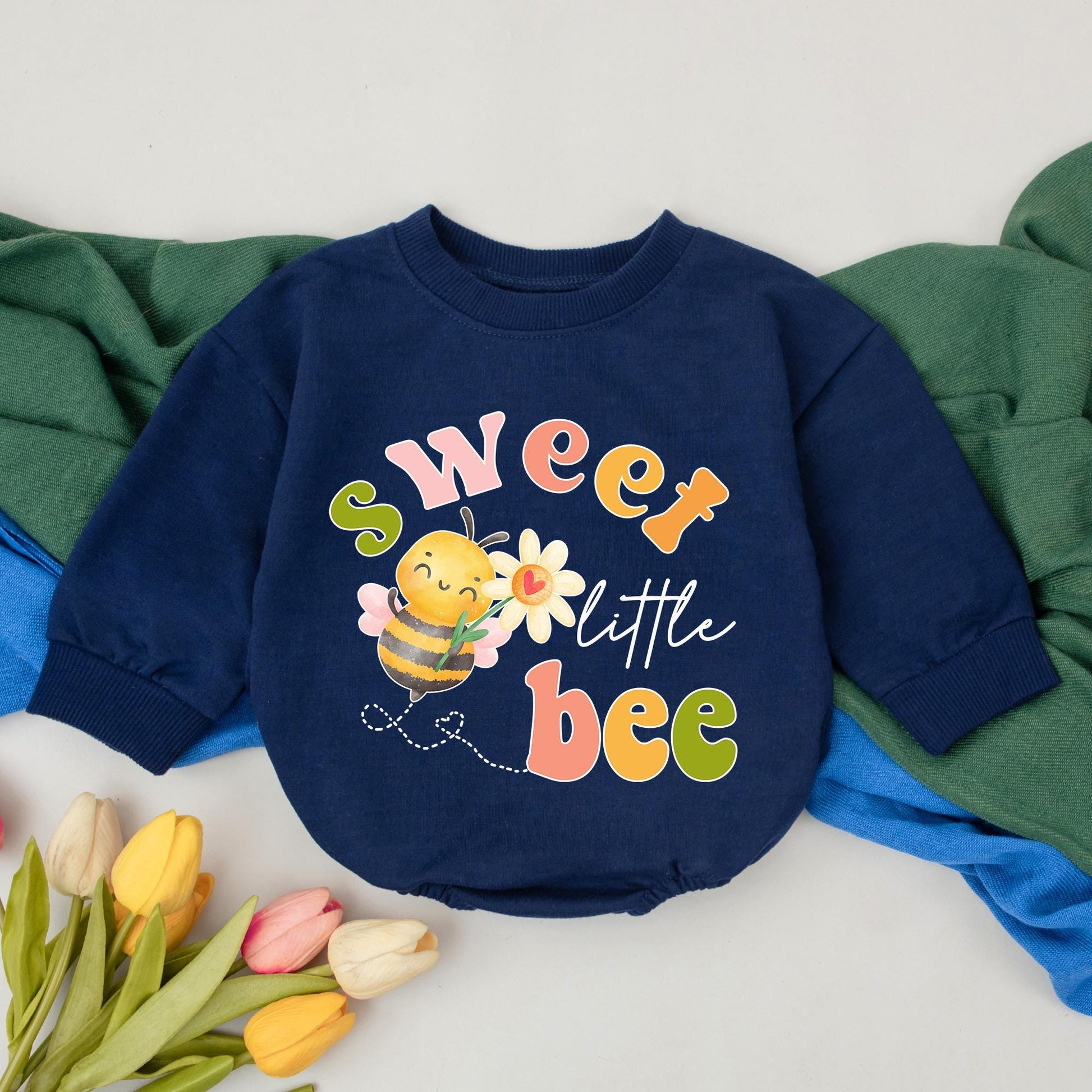 Sweet Little Bee Baby Girl Romper Cute Daisy Design First Birthday Outfit & Baby Shower Gift Playful Green Pink Orange Cartoon Bee Flight Path