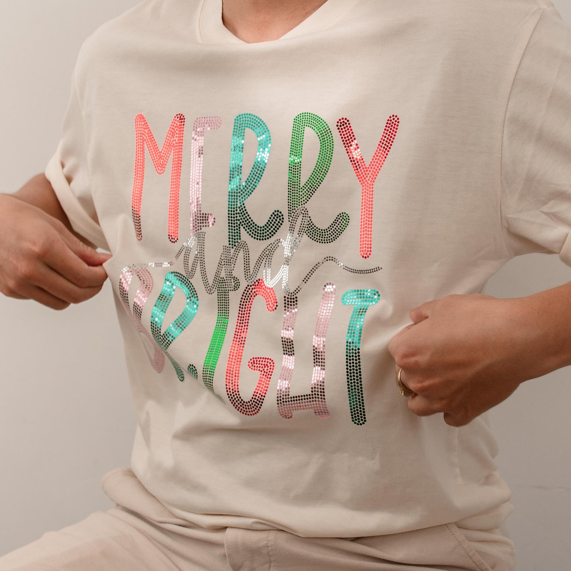 Glitter 'Merry & Bright' Christmas Shirt Faux Sequin Holiday Crewneck Bling Xmas Gift for Her Sparkly Christmas Outfit
