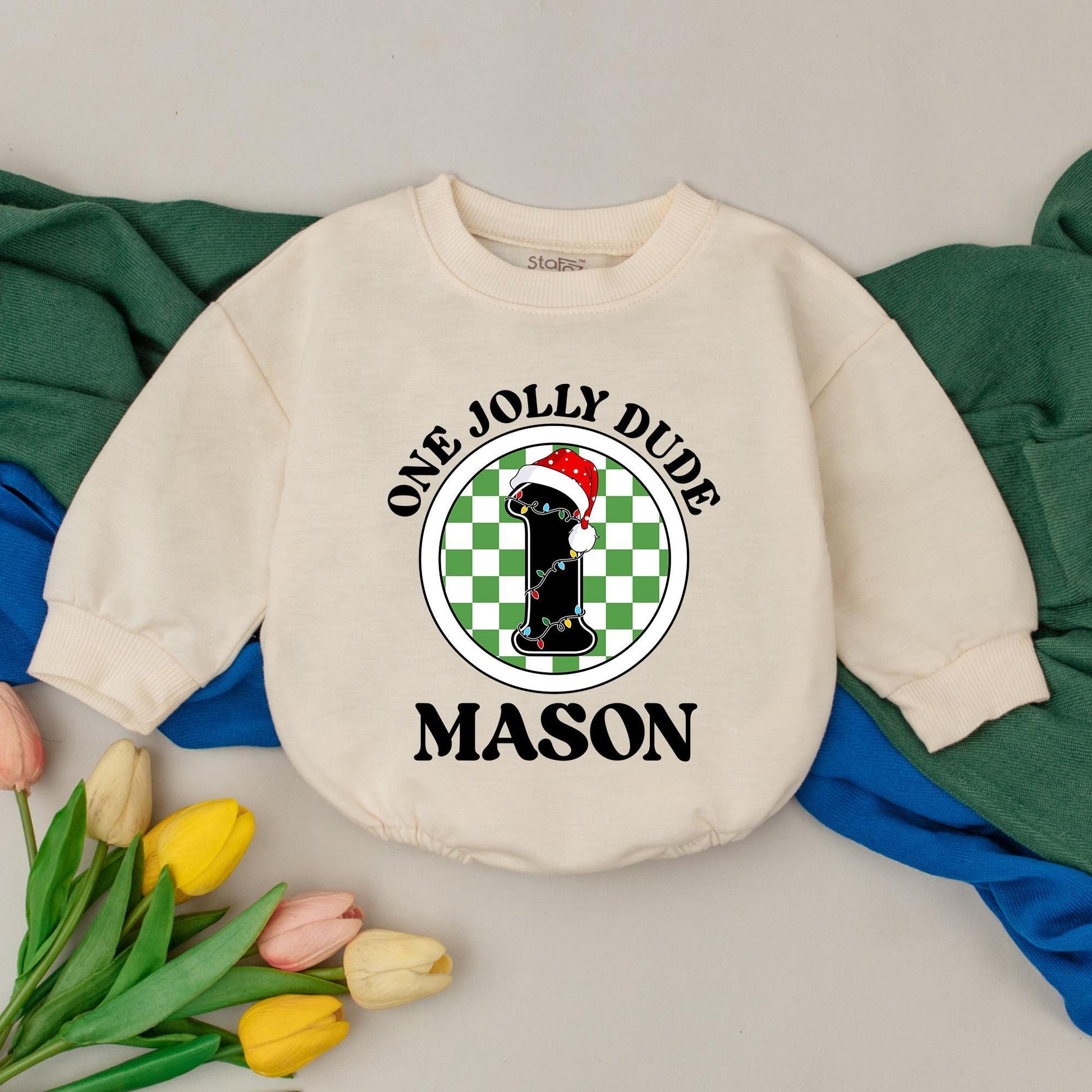 Personalized One Jolly Dude First Christmas Bubble Romper Baby Outfit Custom Name Newborn Boy Girl Gift Festive Checkered Lights Design
