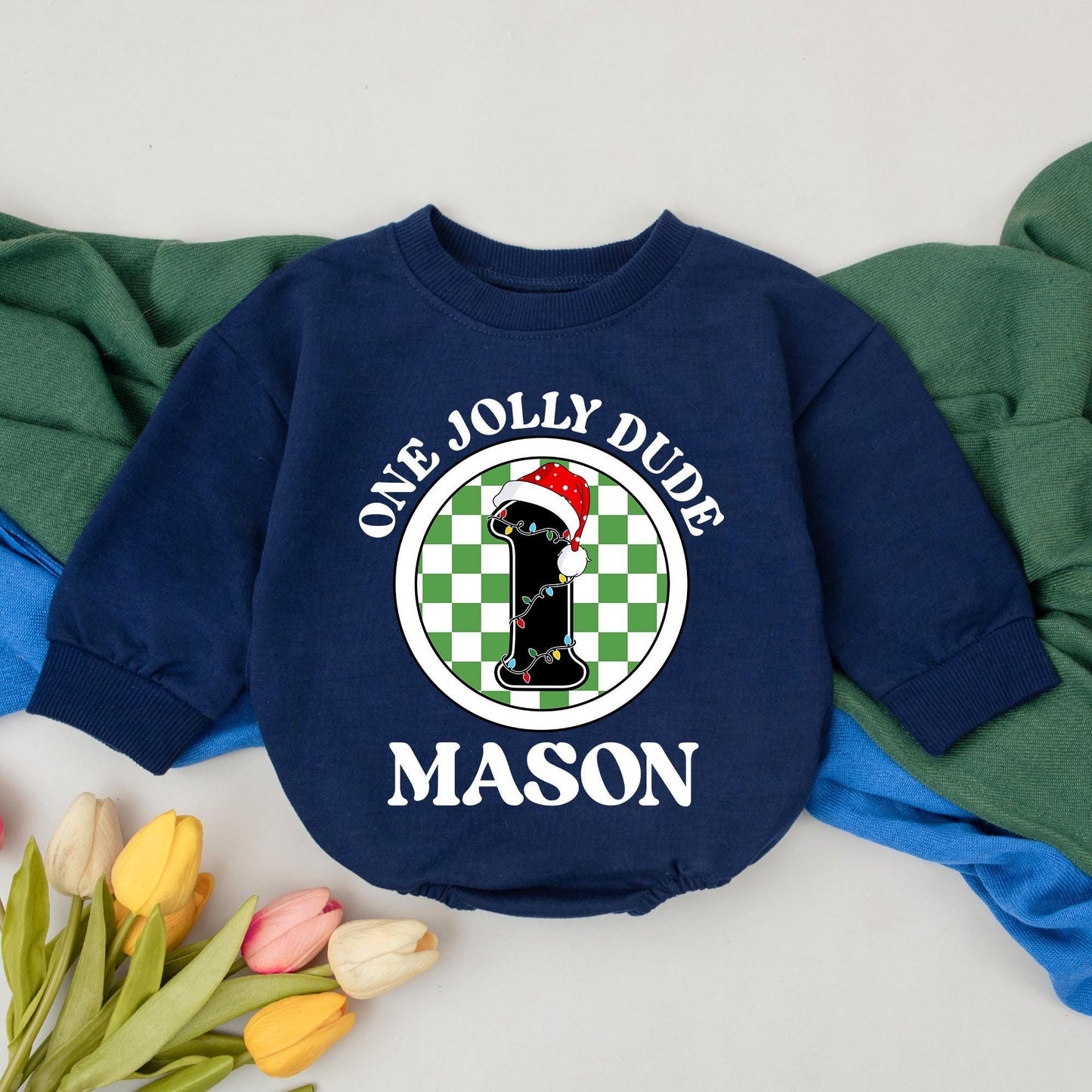 Personalized One Jolly Dude First Christmas Bubble Romper Baby Outfit Custom Name Newborn Boy Girl Gift Festive Checkered Lights Design