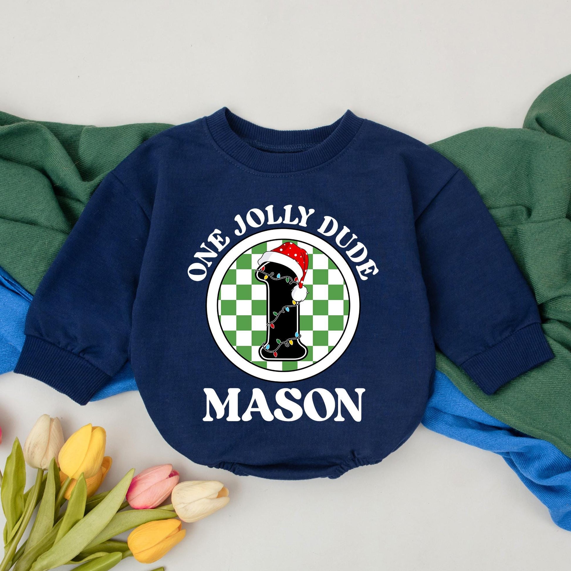 Personalized One Jolly Dude First Christmas Bubble Romper Baby Outfit Custom Name Newborn Boy Girl Gift Festive Checkered Lights Design