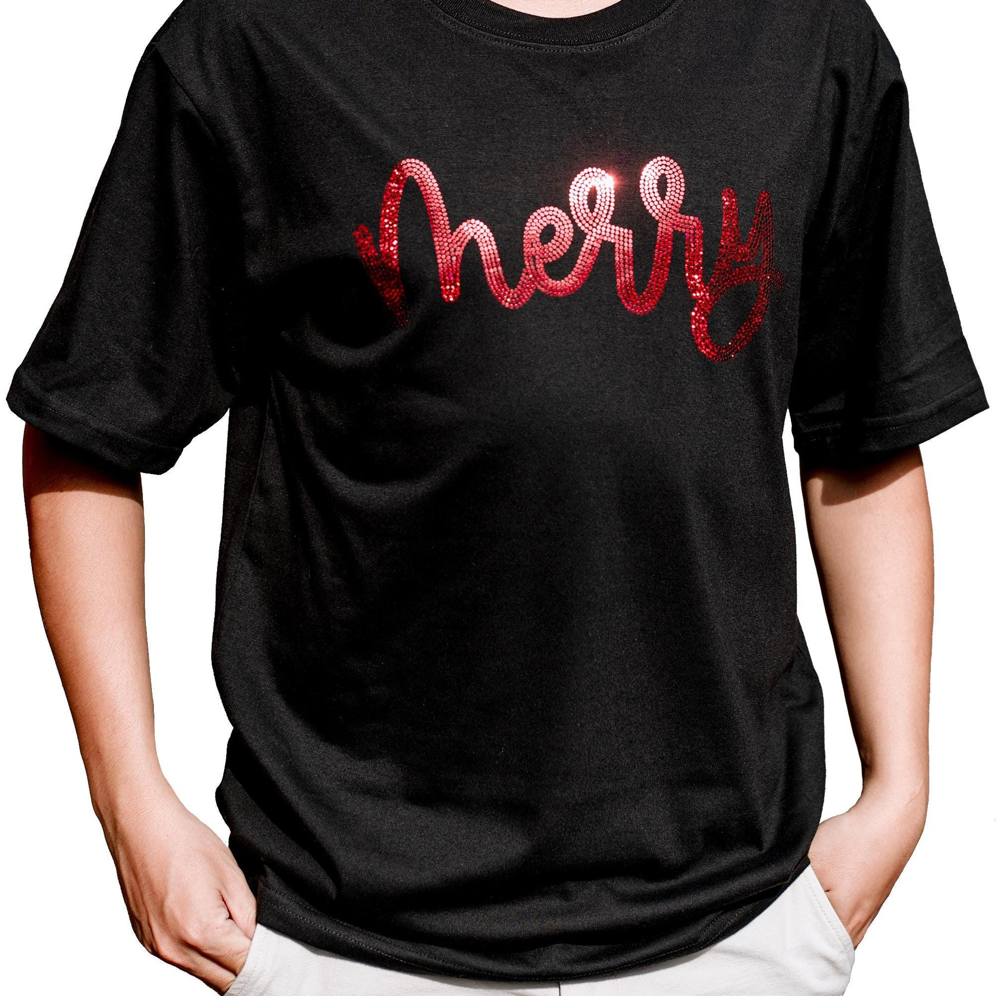 Red Sequin Merry Christmas Shirt, Sparkly Xmas Holiday Tee, Glitter Festive Top, Bling Bling Matching Family Outfits, Cheerful Celebration Clothes (139 chars)