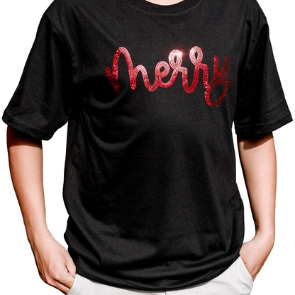 Red Sequin Merry Christmas Shirt, Sparkly Xmas Holiday Tee, Glitter Festive Top, Bling Bling Matching Family Outfits, Cheerful Celebration Clothes (139 chars)