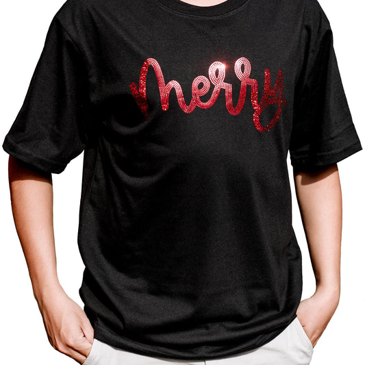 Red Sequin Merry Christmas Shirt, Sparkly Xmas Holiday Tee, Glitter Festive Top, Bling Bling Matching Family Outfits, Cheerful Celebration Clothes (139 chars)