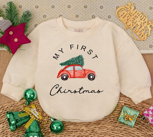 My First Christmas Romper Sweatshirt Baby Red Car Christmas Tree Holiday Outfit Newborn Bodysuit Winter Clothes Gift