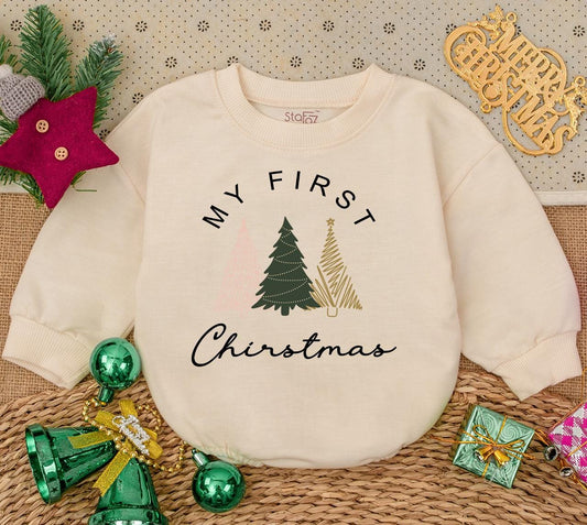 My First Christmas Baby Romper Sweatshirt with Pink Green Gold Tree Design Newborn Winter Holiday Outfit Sweet Handcrafted Baby Shower Gift