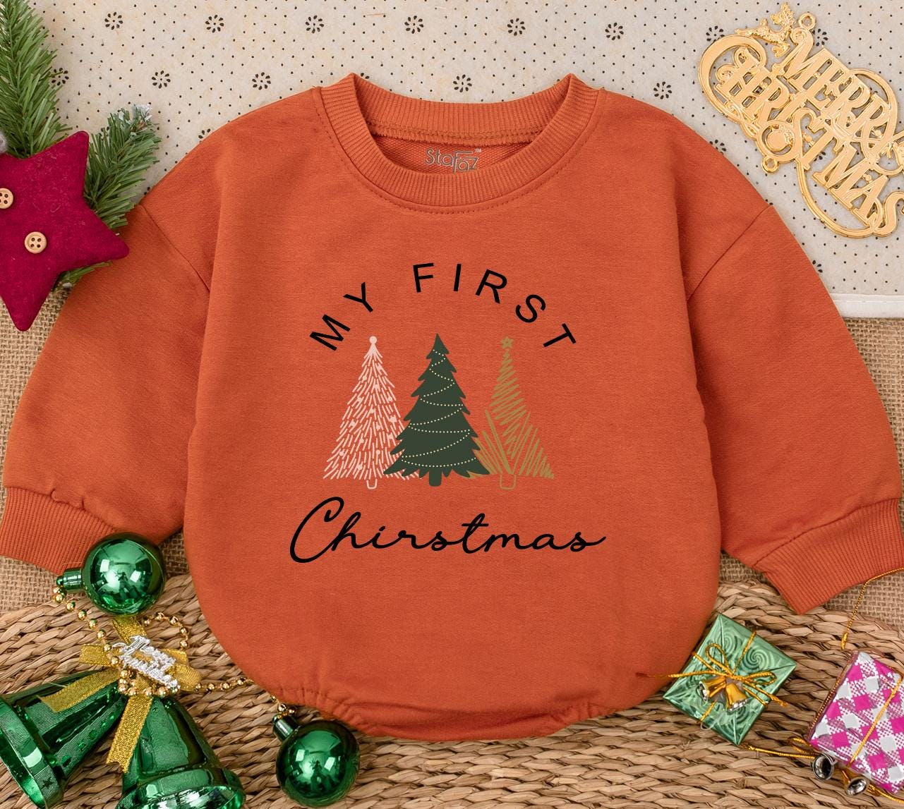 My First Christmas Baby Romper Sweatshirt with Pink Green Gold Tree Design Newborn Winter Holiday Outfit Sweet Handcrafted Baby Shower Gift