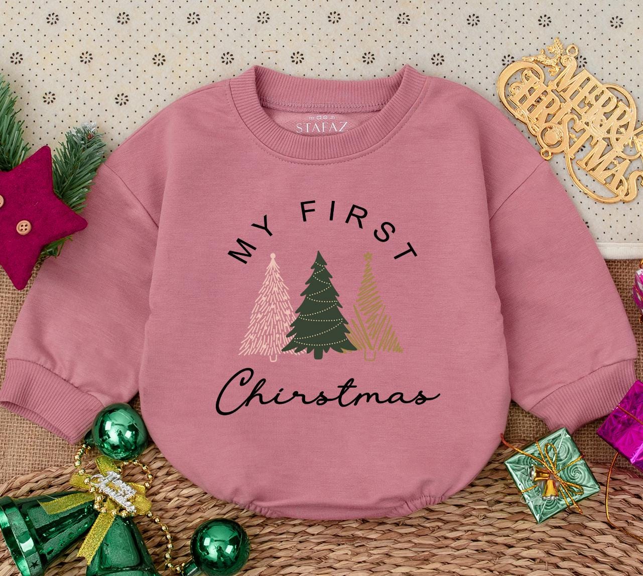 My First Christmas Baby Romper Sweatshirt with Pink Green Gold Tree Design Newborn Winter Holiday Outfit Sweet Handcrafted Baby Shower Gift