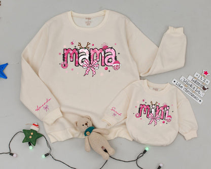 Vintage Pink Christmas Sweatshirt Set: Custom Mama & Mini Outfit