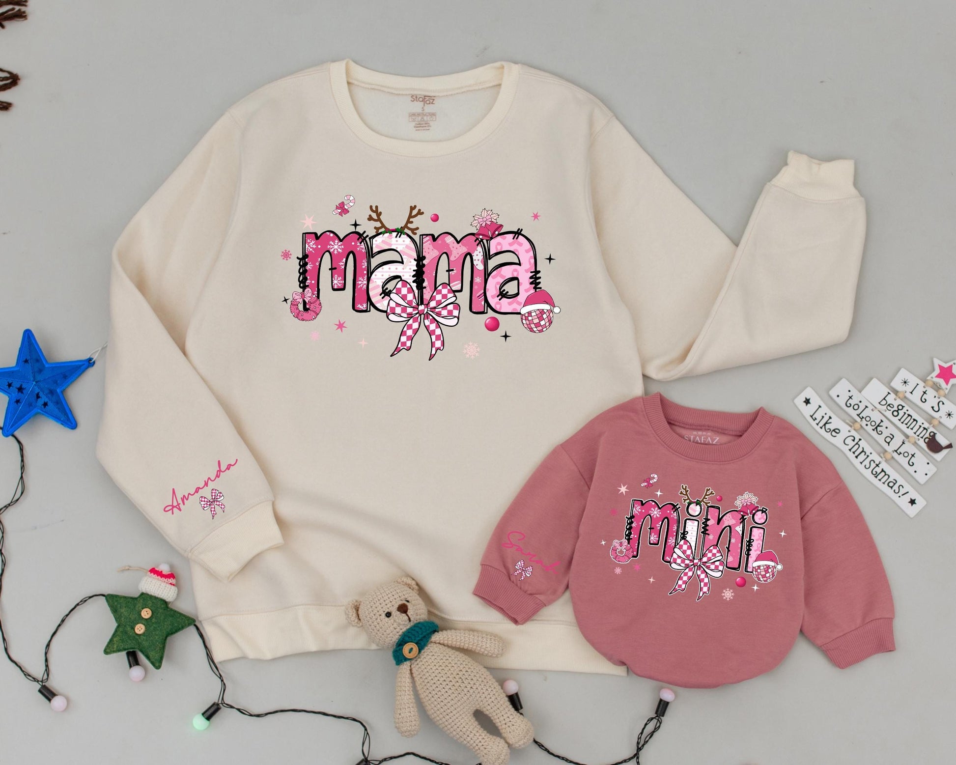 Vintage Pink Christmas Sweatshirt Set: Custom Mama & Mini Outfit