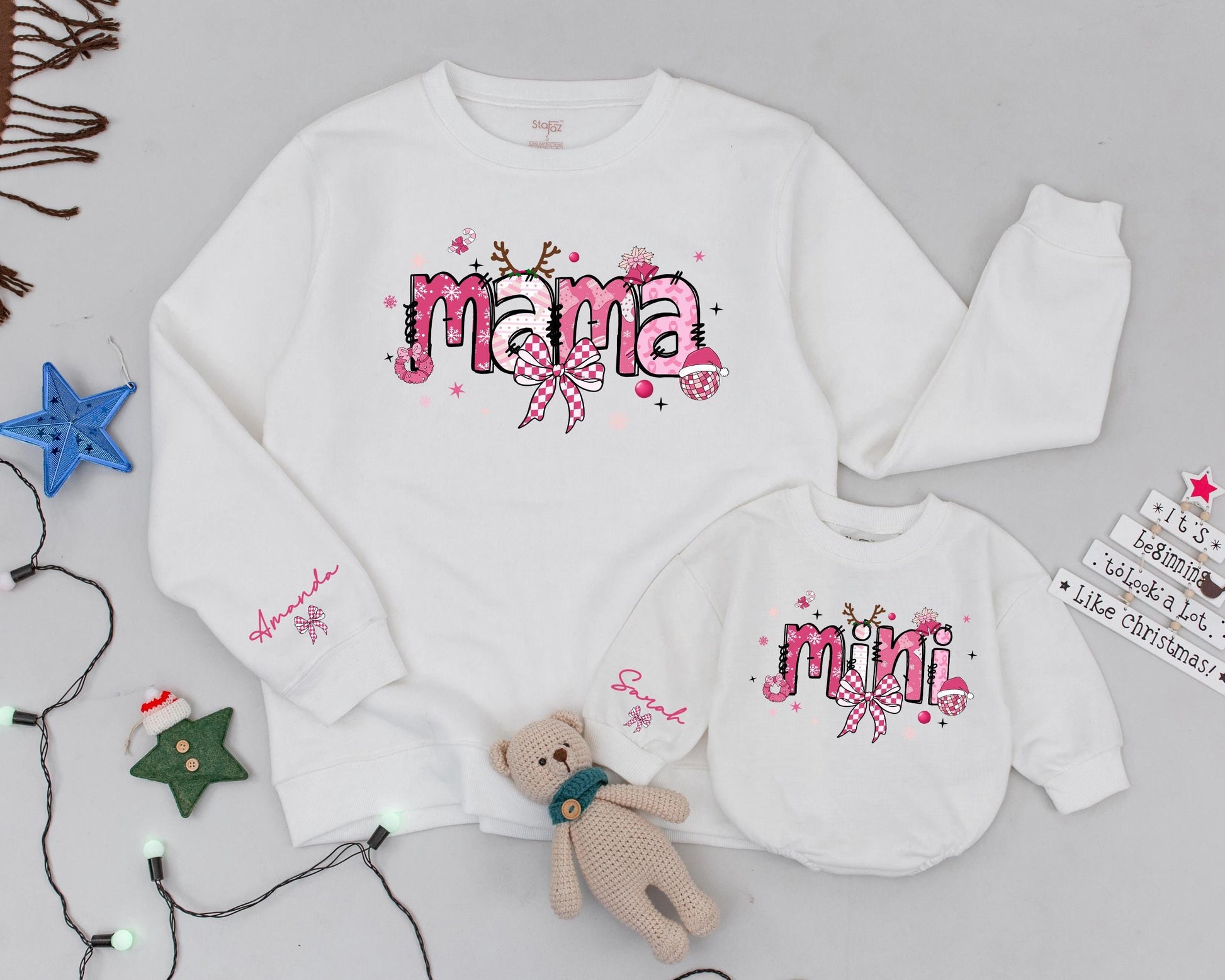 Vintage Pink Christmas Sweatshirt Set: Custom Mama & Mini Outfit