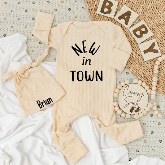 Personalized New in Town Baby Bodysuit and Hat Set for Newborns, Coming Home Outfit, Baby Shower Gift, Modern Black Font, Unisex Infant Welcome