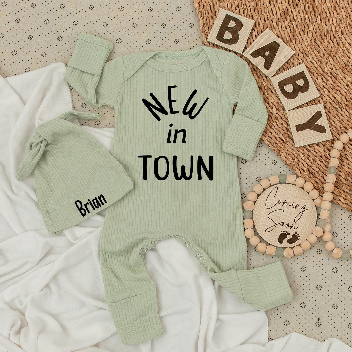 Personalized New in Town Baby Bodysuit and Hat Set for Newborns, Coming Home Outfit, Baby Shower Gift, Modern Black Font, Unisex Infant Welcome