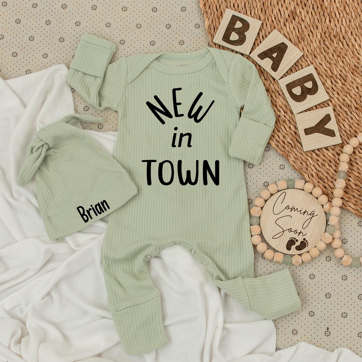 Personalized New in Town Baby Bodysuit and Hat Set for Newborns, Coming Home Outfit, Baby Shower Gift, Modern Black Font, Unisex Infant Welcome