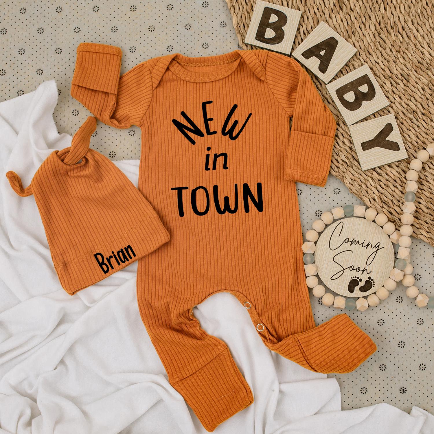 Personalized New in Town Baby Bodysuit and Hat Set for Newborns, Coming Home Outfit, Baby Shower Gift, Modern Black Font, Unisex Infant Welcome