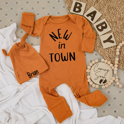 Personalized New in Town Baby Bodysuit and Hat Set for Newborns, Coming Home Outfit, Baby Shower Gift, Modern Black Font, Unisex Infant Welcome