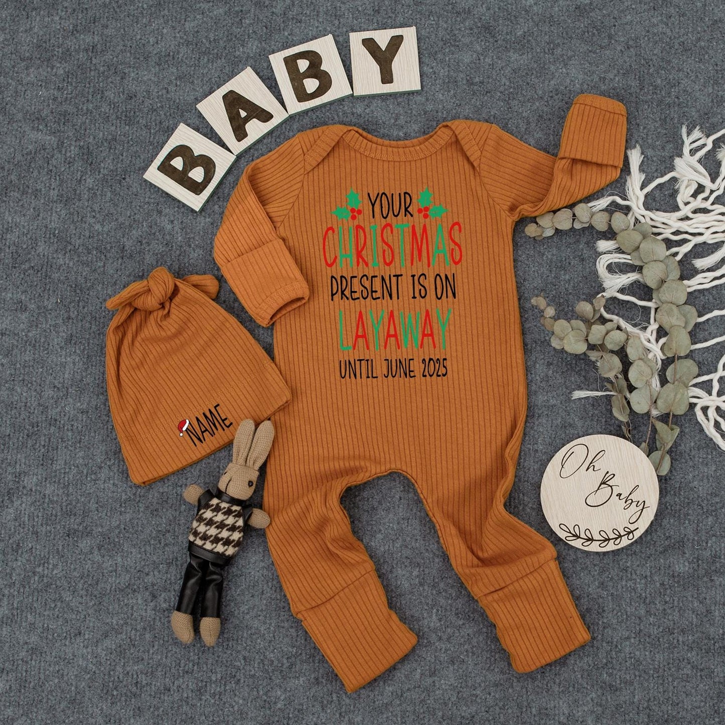 Personalized Christmas Present On Layaway Baby Bodysuit Hat Set Newborn Name Christmas Pregnancy Announcement Shower Gift Holiday Outfit