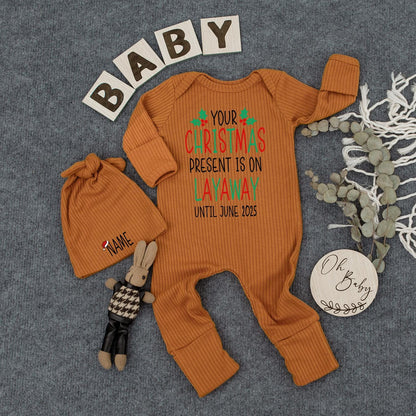 Personalized Christmas Present On Layaway Baby Bodysuit Hat Set Newborn Name Christmas Pregnancy Announcement Shower Gift Holiday Outfit