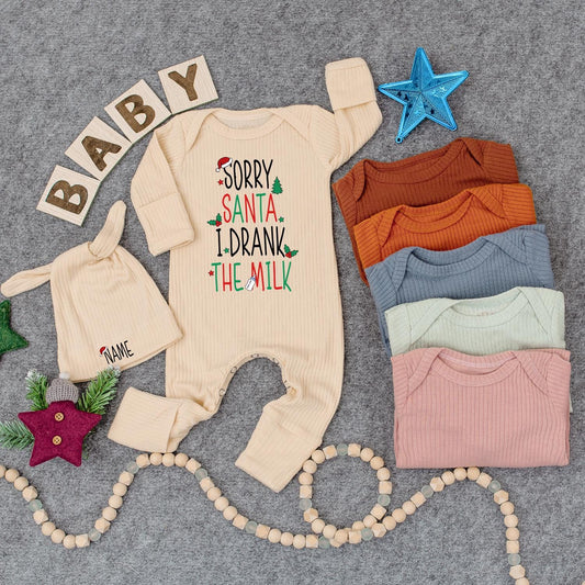 Custom Sorry Santa I Drank The Milk Baby Bodysuit Hat Christmas Newborn Outfit playful festive design perfect Baby Shower Gift Coming Home First Xmas