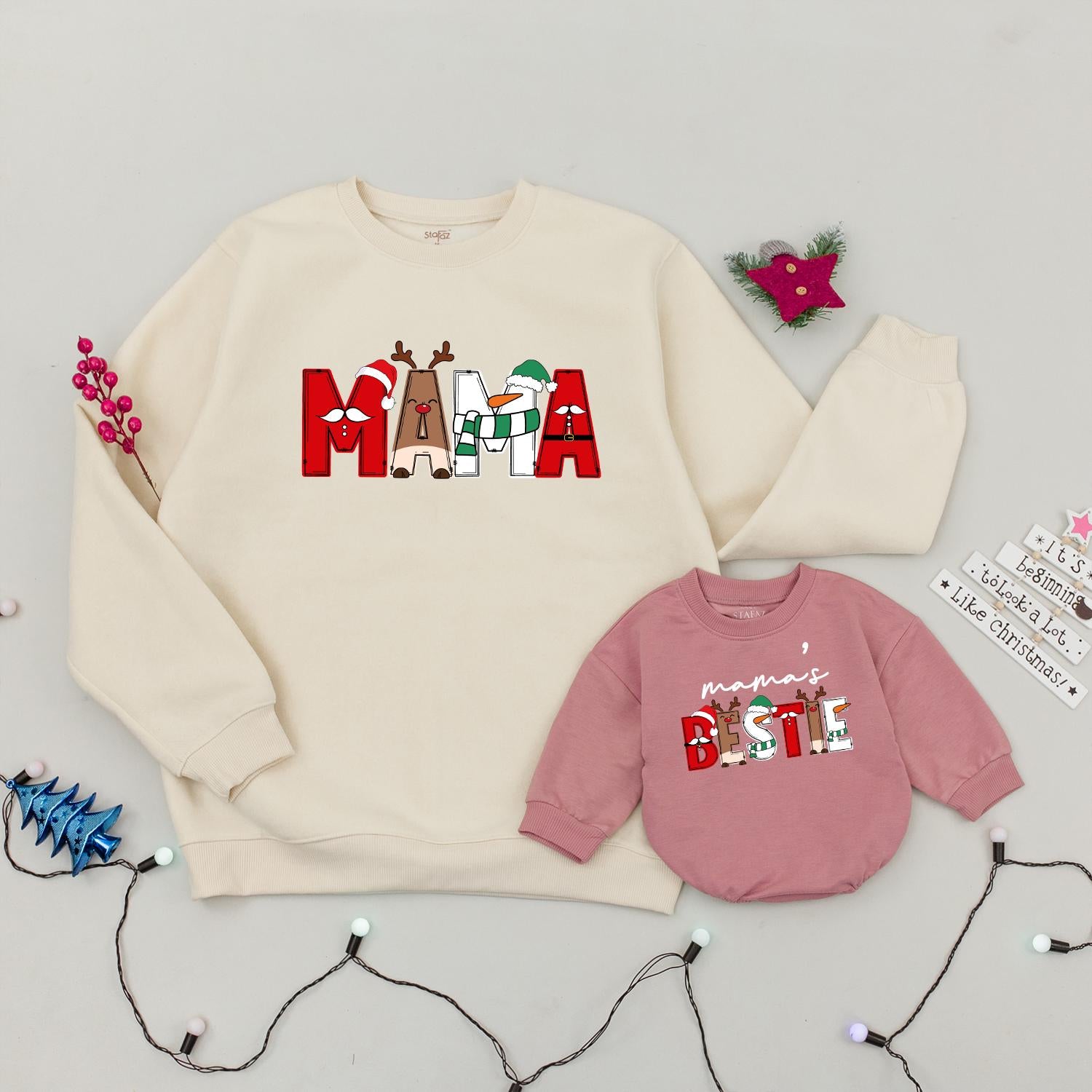 Matching Mommy & Me Christmas Character Sweatshirts Festive Holiday Family Outfits Santa Reindeer Snowman Design Baby Romper Playful