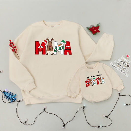 Matching Mommy & Me Christmas Character Sweatshirts Festive Holiday Family Outfits Santa Reindeer Snowman Design Baby Romper Playful