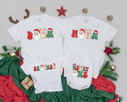 Merry One First Birthday Christmas Shirt with Santa Retro Psychedelic Lettering Matching Family Vintage Holiday Tee for Baby Announcement Gift