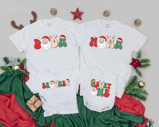 Merry One First Birthday Christmas Shirt with Santa Retro Psychedelic Lettering Matching Family Vintage Holiday Tee for Baby Announcement Gift