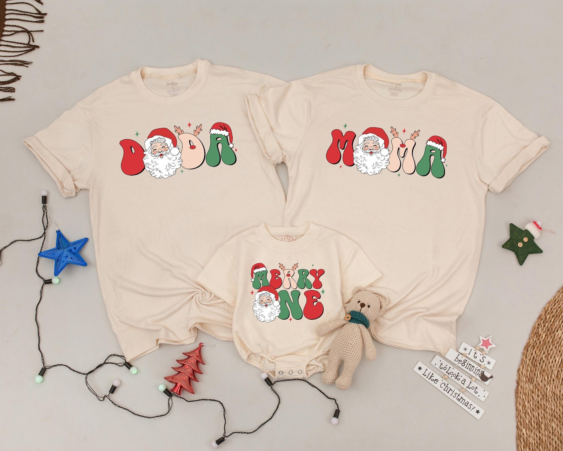 Merry One First Birthday Christmas Shirt with Santa Retro Psychedelic Lettering Matching Family Vintage Holiday Tee for Baby Announcement Gift