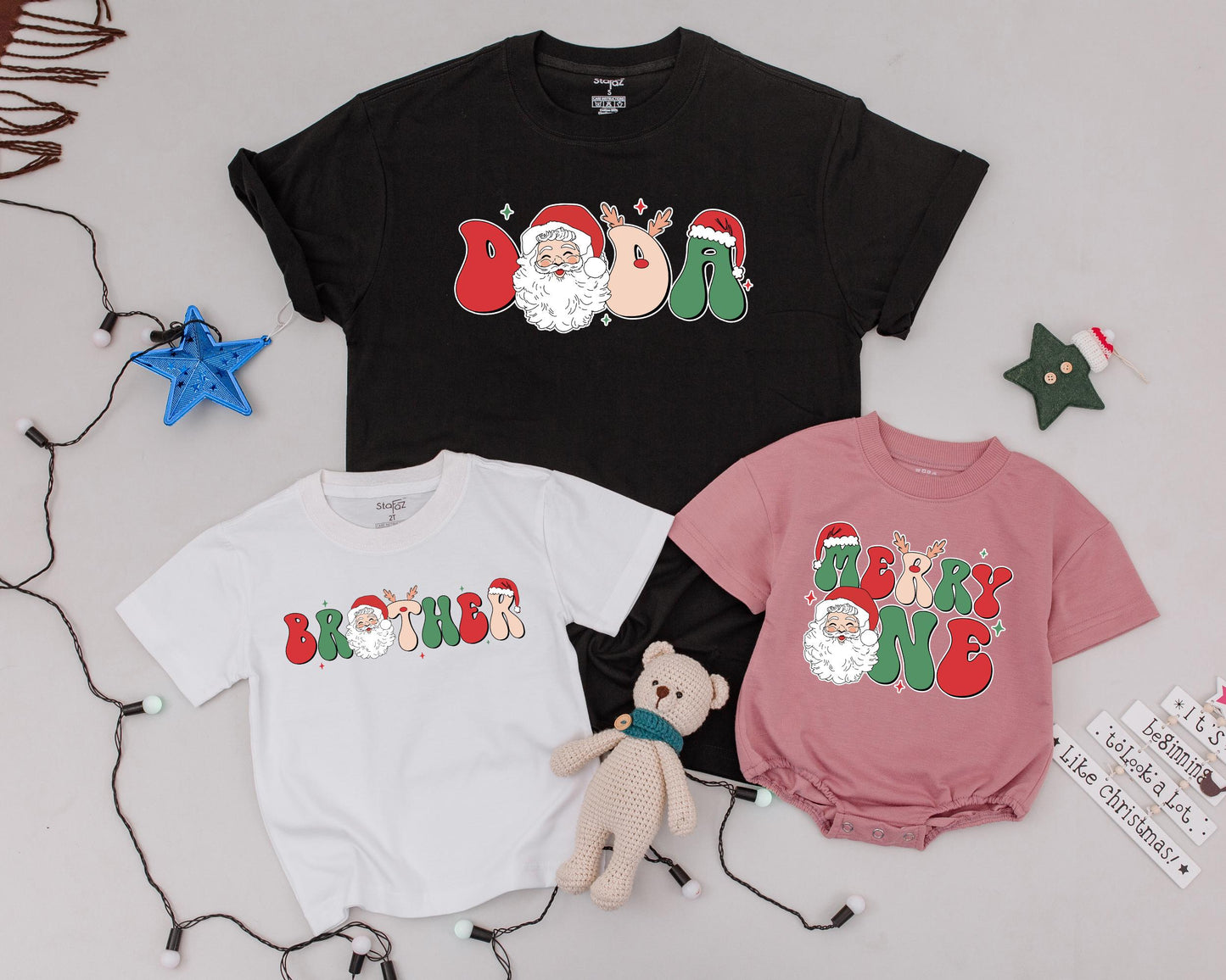 Merry One First Birthday Christmas Shirt with Santa Retro Psychedelic Lettering Matching Family Vintage Holiday Tee for Baby Announcement Gift